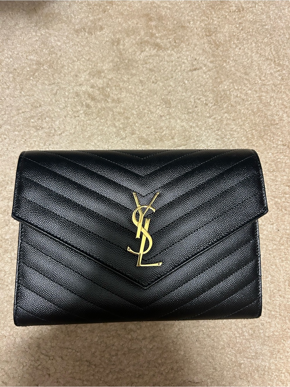 Saint Laurent Black Quilted Leather Envelope Clutch with Gold YSL Logo